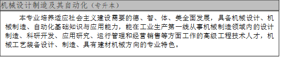 机械设计制造及其自动化（专升本）,本专业培养适应社会主义建设需要的德、智、体、美全面发展，具备机械设计、机械制造、自动化基础知识与应用能力，能在工业生产第一线从事机械制造领域内的设计制造、科研开发、应用研究、运行管理和经营销售等方面工作的高级工程技术人才，机械工艺装备设计、制造、具有建材机械方向的专业特色。